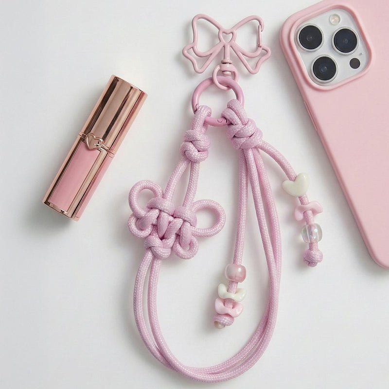 大人可愛いバレエコア。ハンドメイド編み上げリボンスマホストラップ
