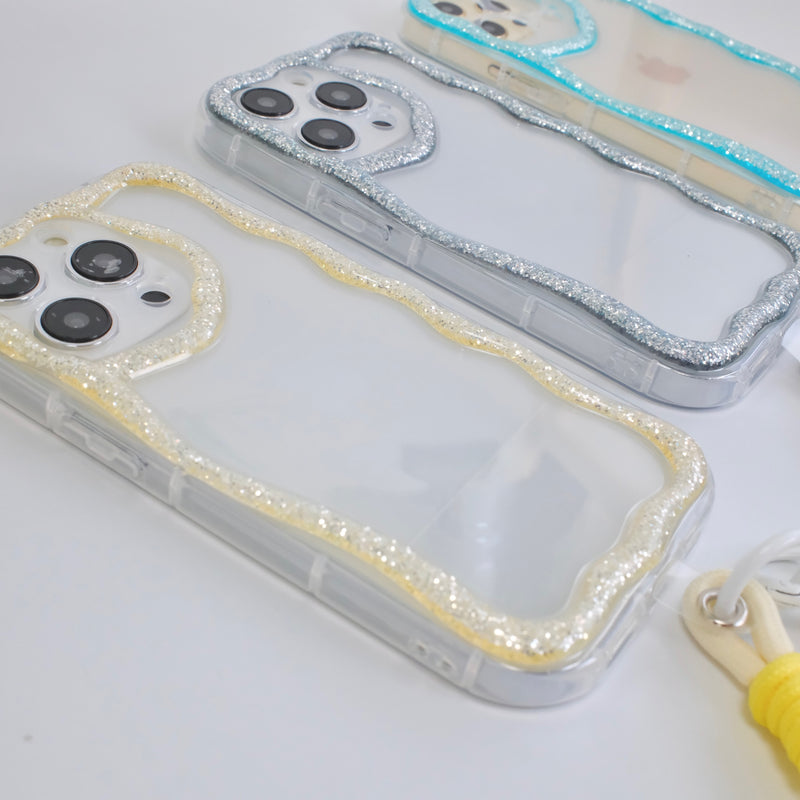 「きらきら波模様」マカロンカラーショートストラップ付きスマホケース