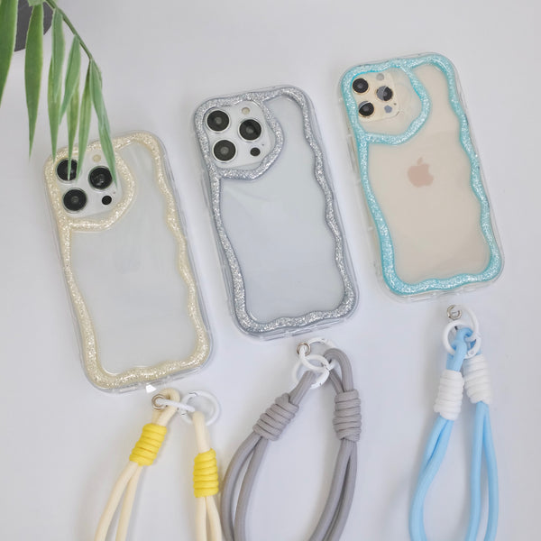 「きらきら波模様」マカロンカラーショートストラップ付きスマホケース