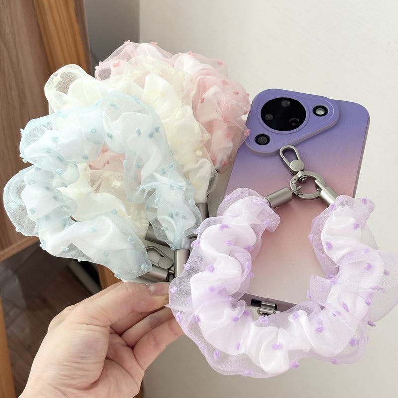 「手首に透けるフリル」2層オーガンジー スマホリストストラップ