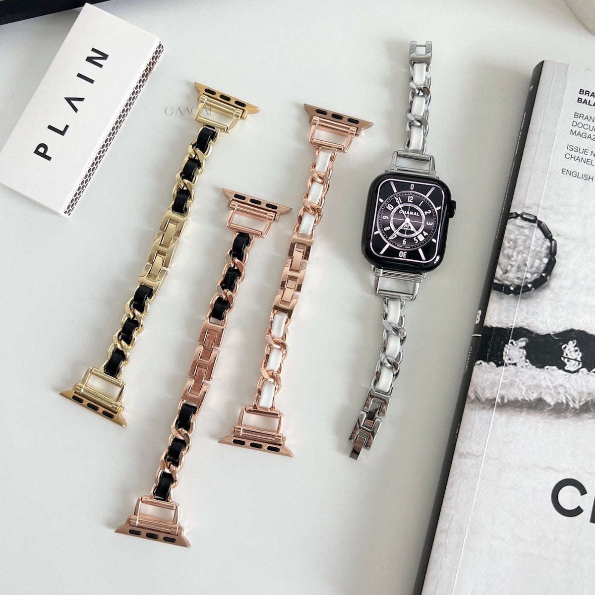 Anne ★華やかホワイトxゴールドチェーンApple Watchバンド Clover Chain Smartwatch Band 42/44/45/49mm - White/Gold