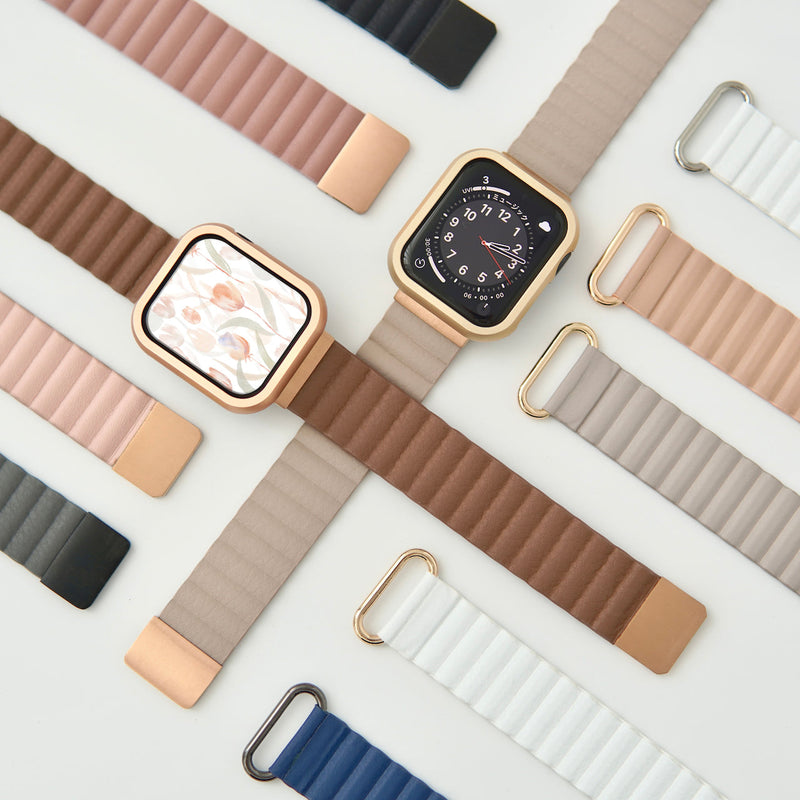 Apple Watch フェイクレザー バンド ベージュ+ローズゴールド - レザー