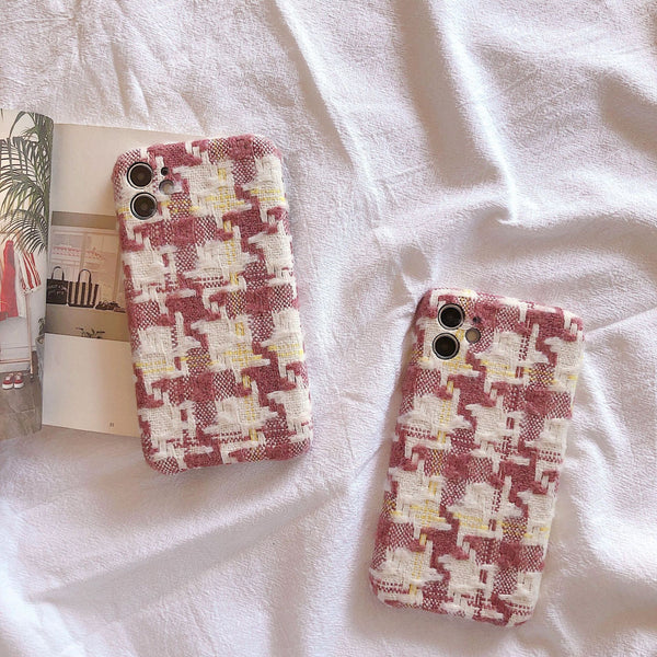 【即納】大人可愛い ピンク×チェック柄 綿布 iPhoneハードケース